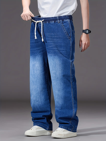 Large Size Jeans Men's Straight Leg Loose Fit Elastic Pants with Added And Extra Pants Elastic Waist Men's Simple And Versatile Denim Pants Men's Jeans Four Season Style, PLUS SIZE