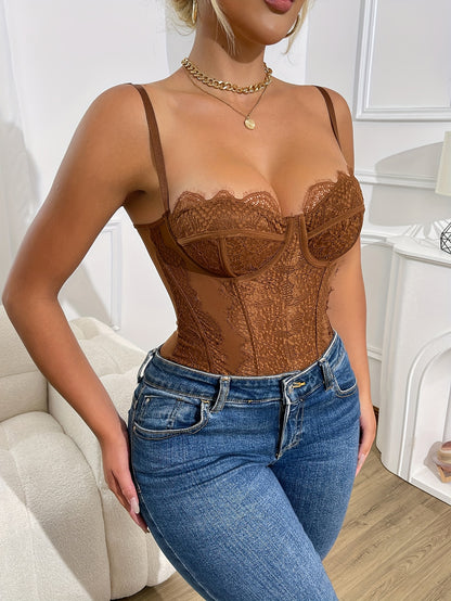 Women'S Black Lace Bodysuit - V-Neck Translucent Stretch Long Sleeveless Top, Slim Silhouette, Middle Eastern Style Elegance For All-Season Wear, Special Occasion Wear, Delicate Details, Formal Wear, Delicate Stitching, Fitted Corset, Elegant Lady