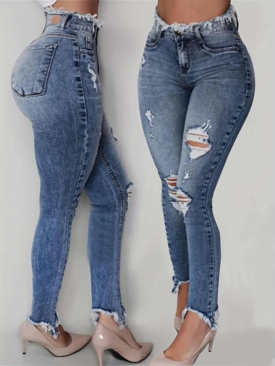 Irregularly Ripped Jeans for Women, Mid-Rise Style, Blue Denim, Featuring a Frayed Edge Design. A Classic And Versatile Choice for Any Season, Part of The New Autumn Collection with Fresh Stock from Local Warehouses. Available at Prices
