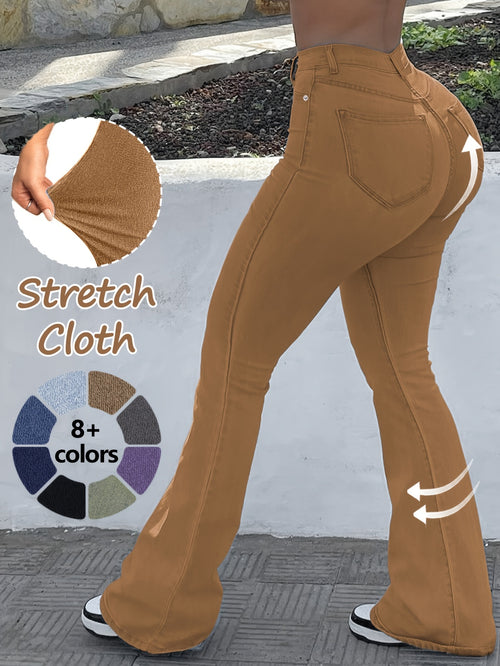 GILIPUR MH1025 Light Blue Retro High-Waist Stretch Straight Leg Women's Pants, Street Style Solid Color Long Pants with Pockets, All-Season Comfortable Stretch Fabric, Machine Washable