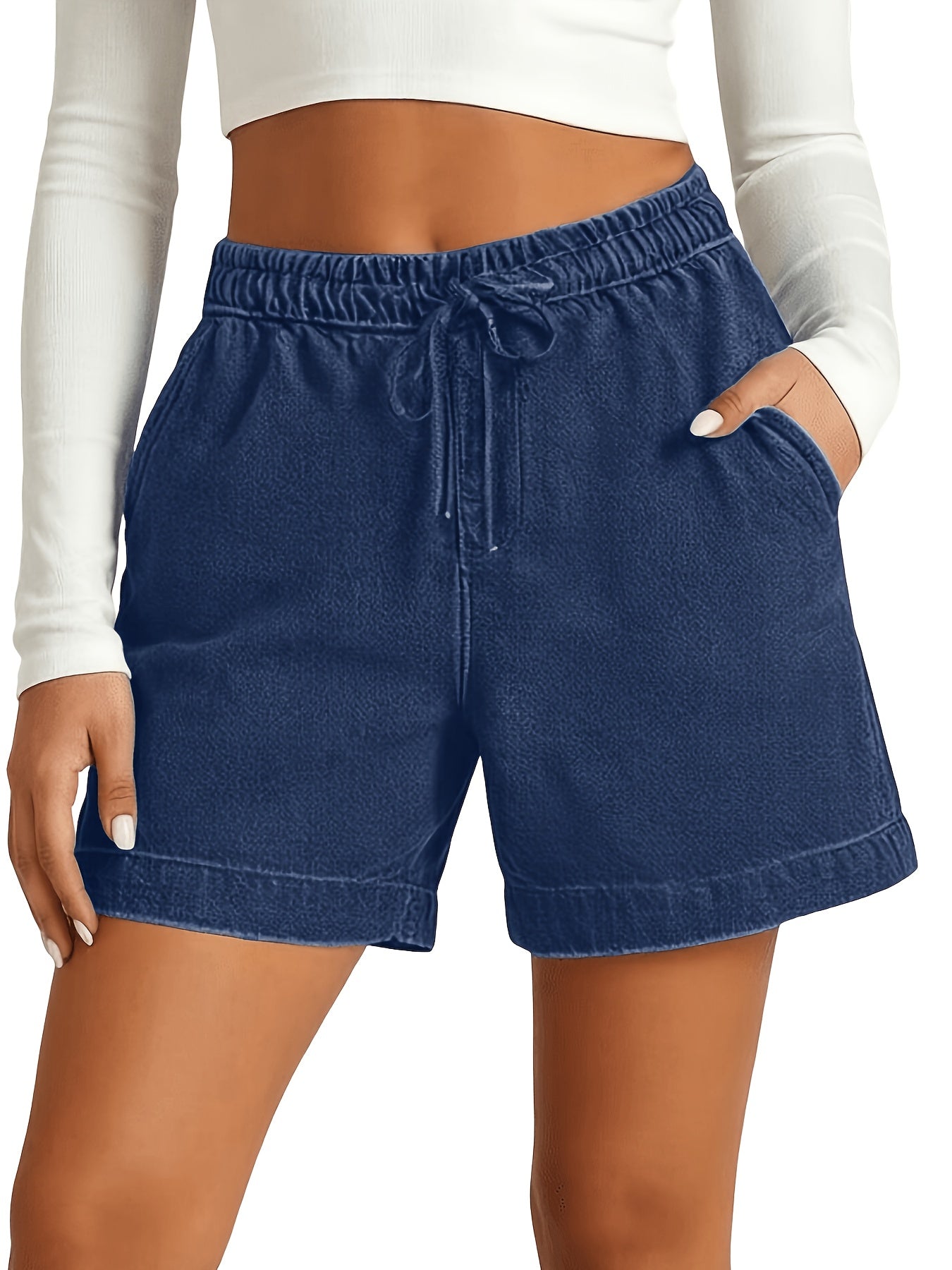 Loose And Stylish Casual Shorts, Solid Color with Elastic Waist, Five-pocket Jeans Shorts
