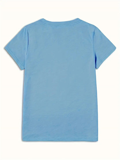 Plus Size, Women's Plus Size 1XL-5XL Bowknot & Print Short Sleeve T-Shirt - Glossy Casual Round Neck Blouse, Lightweight Spring Summer, Machine Washable Fit T-Shirts for Casual Attire (Plus Size Friendly) 1-5XL
