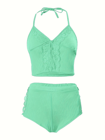 Spring/Summer New Gift Set: Solid Color Lace Trim Halter Neck Tie-Back Button-Up Open-Back Lace Trim Soft Skin-Friendly Sexy Home Sleepwear Set