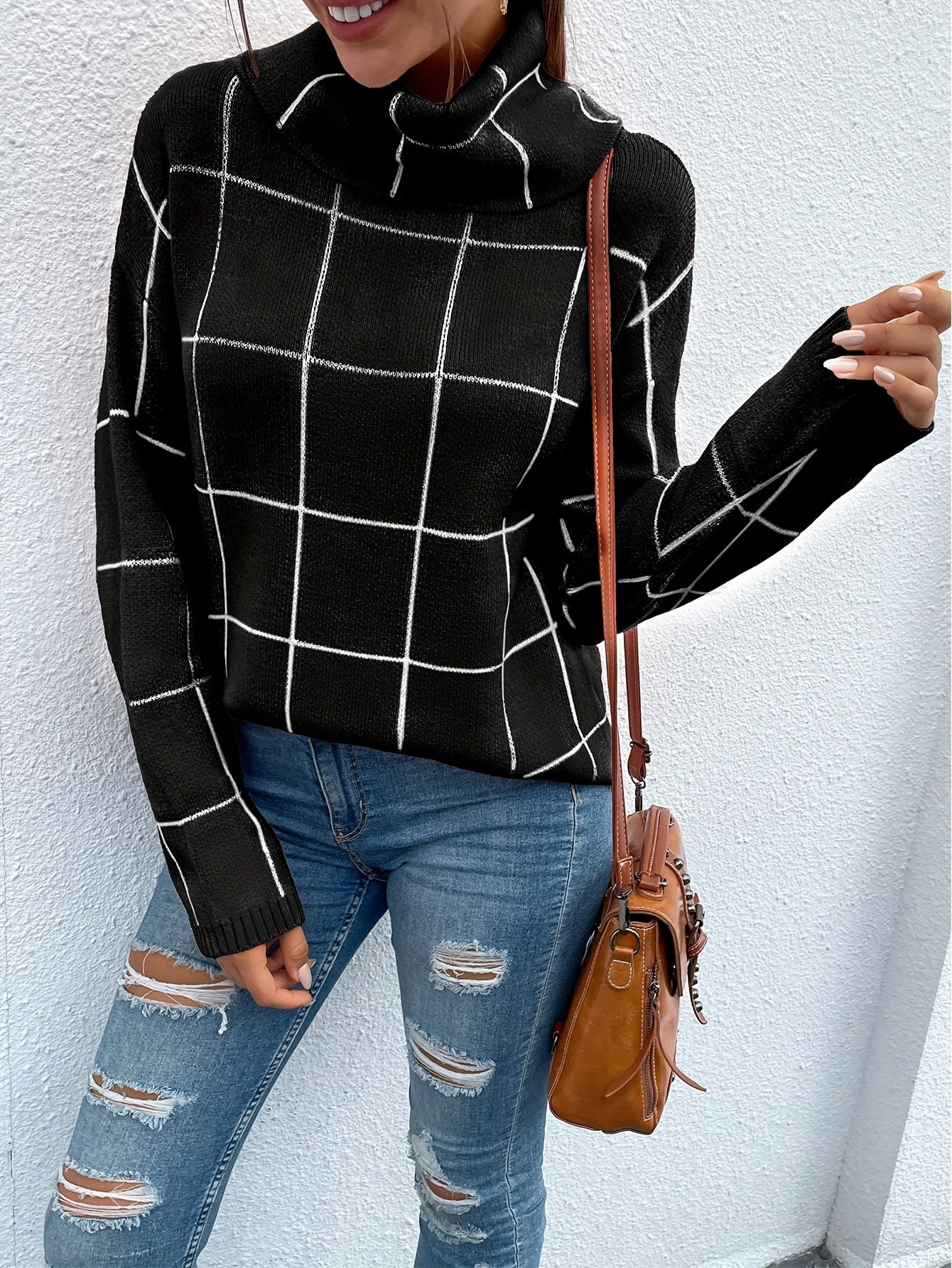 Women's grid jacquard high pile collar shoulder long sleeve loose comfortable fashion generous half long slit autumn and winter shirt