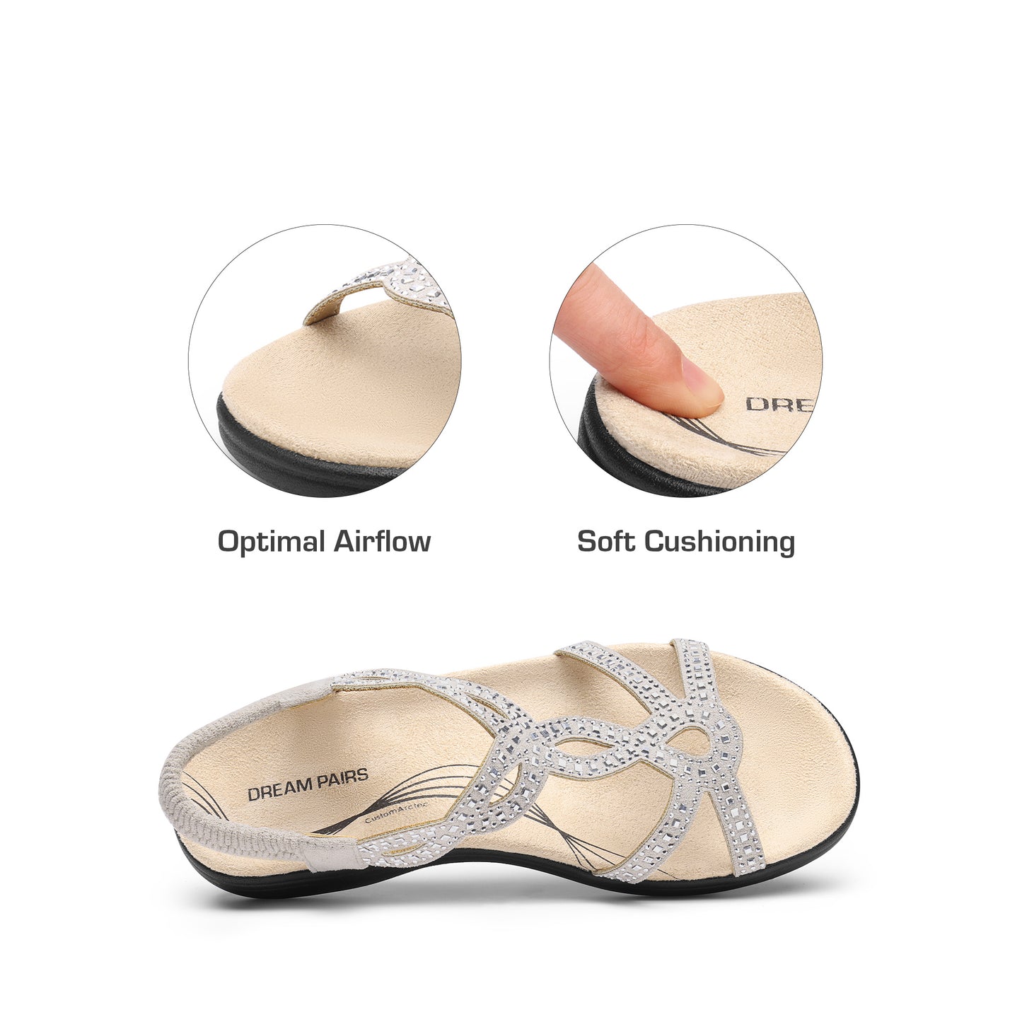 Women's Comfort Dressy Rhinestone Summer Beach Sandals Slip-on Flat Walking Orthopedic Sandals with Elastic Back Strap Soft & Cushioned Day-to-night wear Sandals