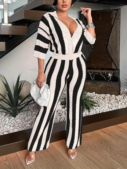 Casual Striped Eyelet Pantsuits, Button Front 3/4 Sleeve Loose Top & Wide Leg Pants Outfits, Women's Clothing