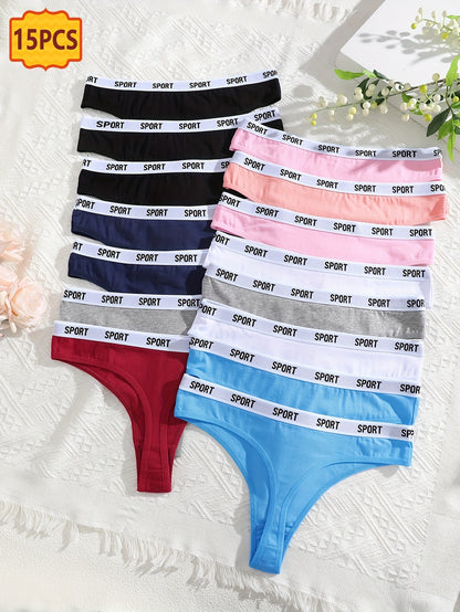 15pcs Letter Waistband Thong, Sexy, Fashionable, Comfortable, Skin Friendly, Soft And Elastic Underwear, Suitable for Daily Commuting, Women's Underwear And Underwear