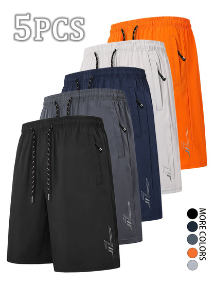 5pcs Men's Casual Sports Shorts with Hidden Zipper Pockets, Contrast Zipper, Summer Breathable Quick-Dry Fabric, for Daily Wear, Running, Basketball, Knee-Length Pants for Men, Quick-Dry Fitness Shorts for Men, Striped Waistband with Drawstring