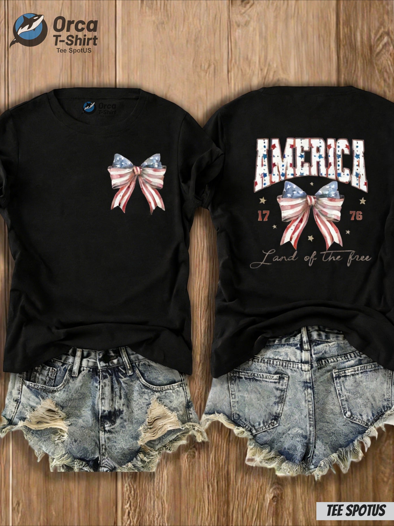 Women's America "Land of the Free" Bow & Flag Print T-Shirt - 4th of July Outfit, Casual Crew Neck Top with Map Design Suitable for Spring Summer, Gift (Local Shipping)