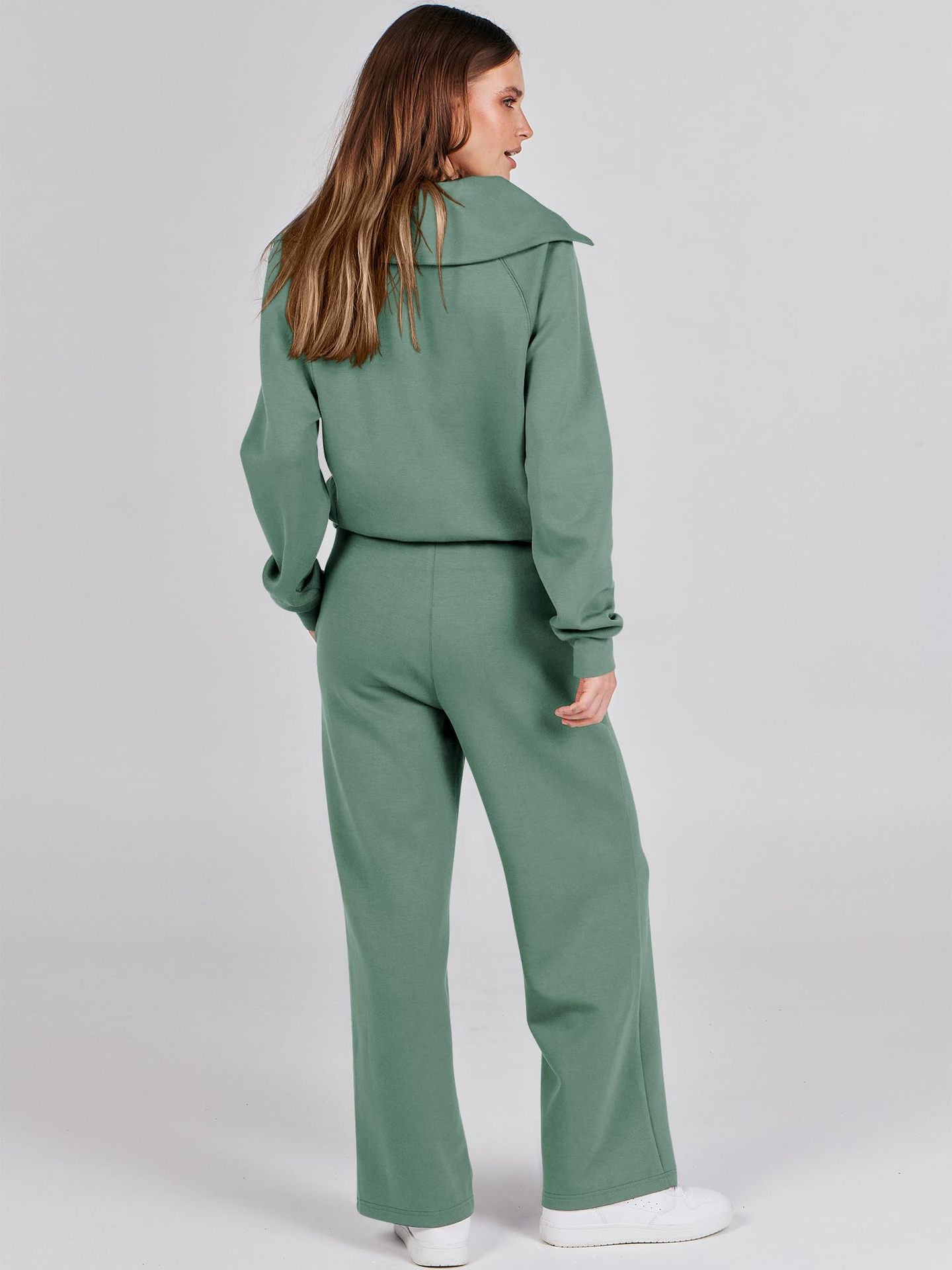 Spring/Autumn Casual Swear Set for Women, Zipper Long-Sleeve Sweatshirt and Wide-Leg Pants 2pcs Set