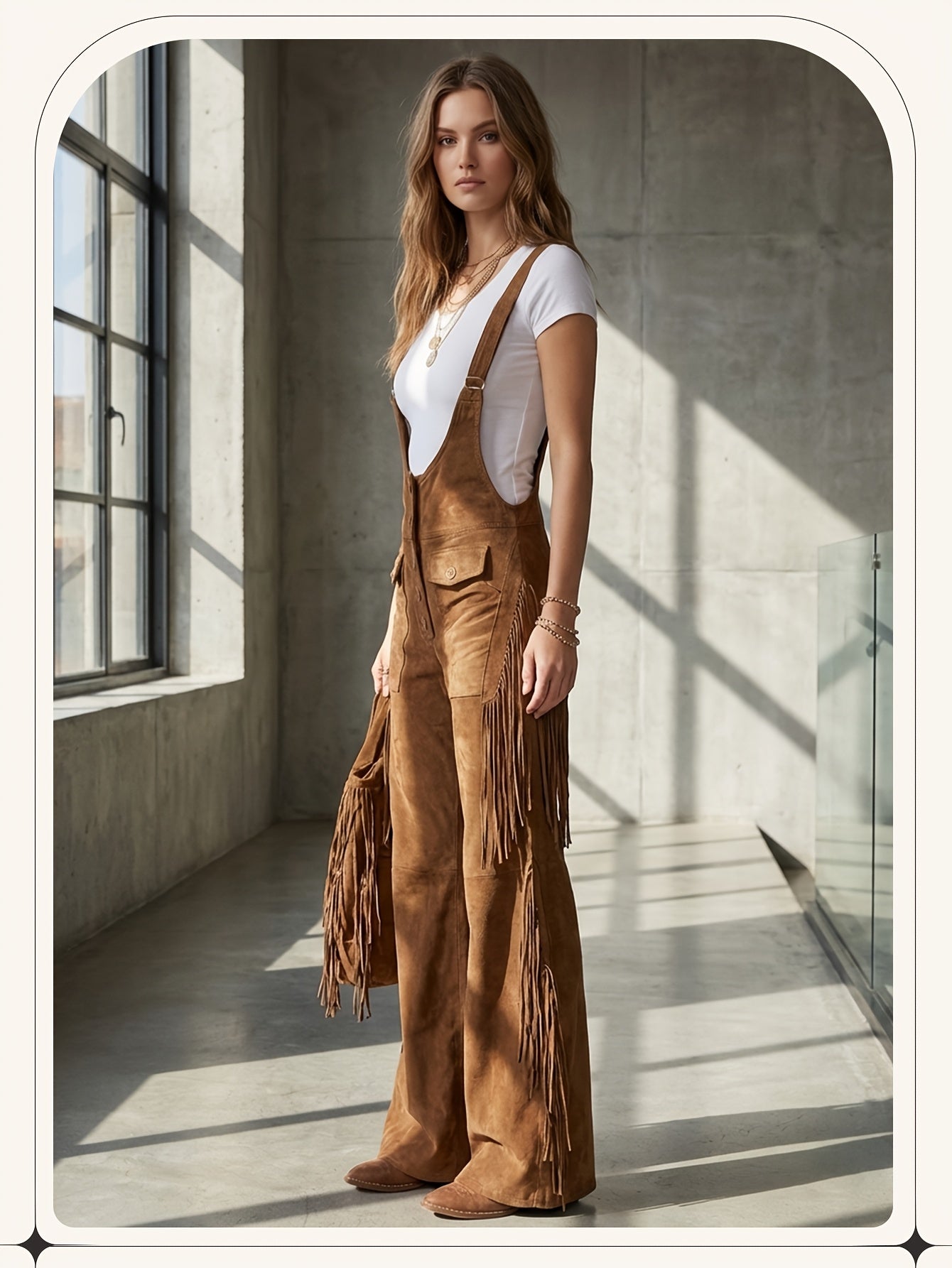 Vintage Fringe Detail Overalls, Loose Wide Leg Design, Fashion Youthful Casual Style, Daily Outing Travel Outfit, Versatile Multi-Occasion Wear