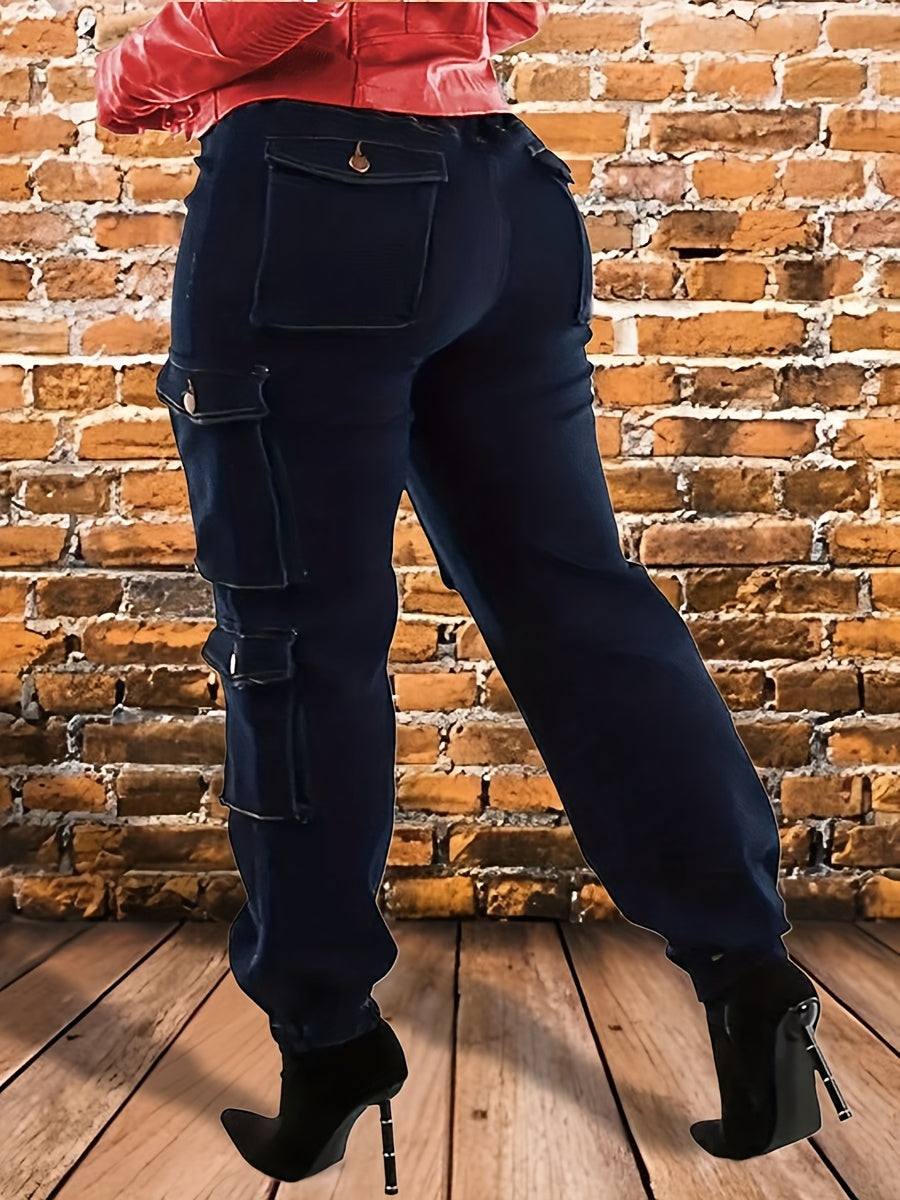Women's Plus Size Dark Blue High Waisted Elastic Waistband Drawstring Tie with Multiple Pockets And Small Ankle Workwear Jeans, Suitable for Outdoor Play And Street Wear, Machine Washable, All Season, Shipped From Local Warehouse