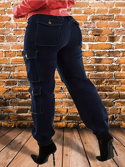 Women's Plus Size Dark Blue High Waisted Elastic Waistband Drawstring Tie with Multiple Pockets And Small Ankle Workwear Jeans, Suitable for Outdoor Play And Street Wear, Machine Washable, All Season, Shipped From Local Warehouse