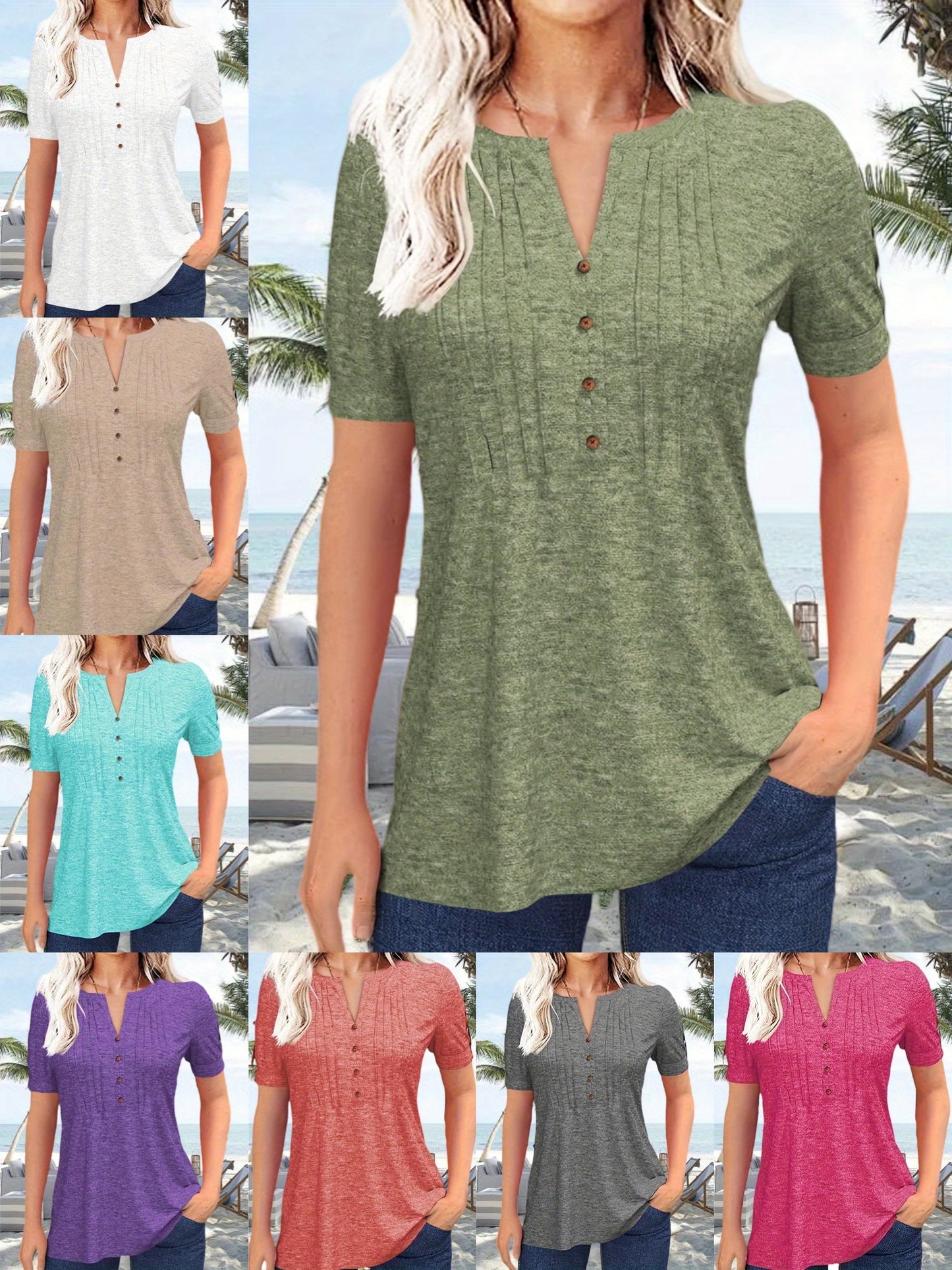 Women's Hot-selling Summer Casual V-Neck Pleated Blouse Short Sleeve Button-Up Solid Color Top