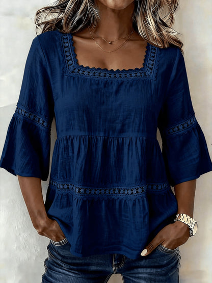 [Lace Blouse] New Summer Women's Square-Neck Lace-Panel Blouse: Loose-Fit, Shirt with 3/4-Length Bell Sleeves; Breathable -Linen Shirt with Openwork Lace for a Vacation-Inspired Look
