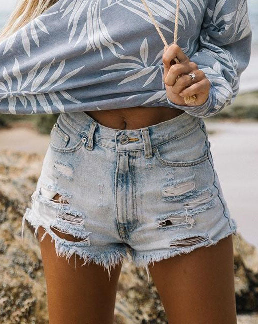 High Waisted Ripped Frayed Hem Denim Shorts for Women Distressed Stretch Fit Summer Casual Shorts with Tassel Detail