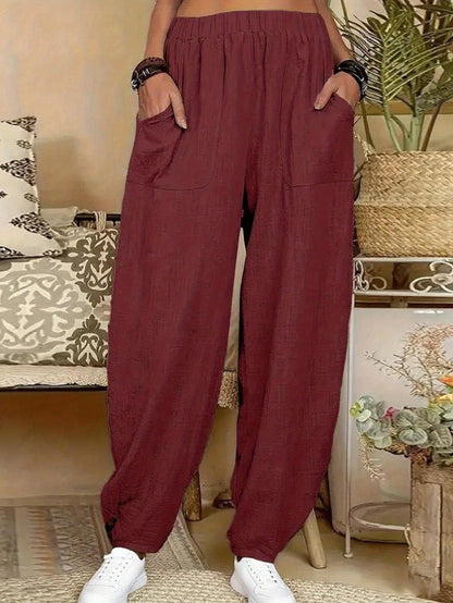 4pcs Women'S Casual Lightweight Harem Pants with Elastic Waist And Side Pockets - Breathable, Loose Fit, All-Season Wear, Black/Green/Brick Red/Khaki Solid Color, Machine Washable