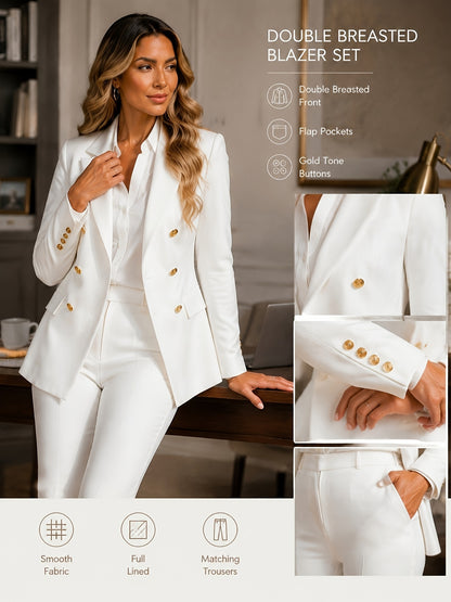 2pcs Business Chic Outfit - Double-Breasted Lapel Blazer & Slim Fit Pants Set - Women's Professional Clothing for Work, Office, Or Formal Occasions