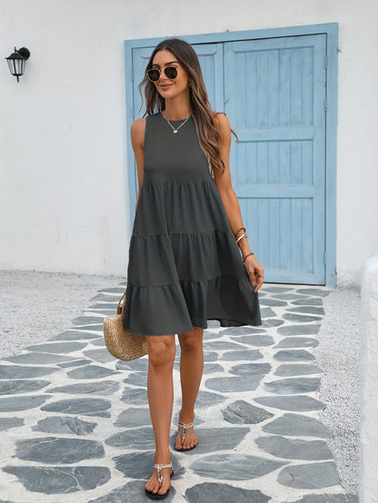 Round Neck Loose Big Swing Patchwork Cake Dress, Casual Solid Color Sleeveless Waist Summer Dresses