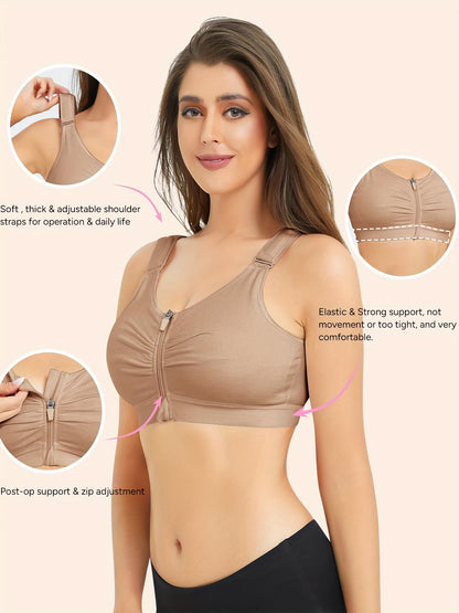 New Style Zip Front Closure Everyday Bra for Women Post Surgery Compression Support with Adjustable Straps Wirefree Wireless Full Coverage Comfort Everyday 84%Cotton 16%spandex Suitable for Post-surgery And Daily Out-of-home Exercise Yoga
