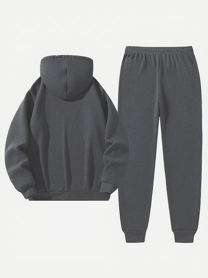 Independence Day Celebration Men's Sportswear 2pcs Hoodie with Pants, Grey with Black Logo, Non-elastic Fabric, Regular Fit, with Pockets, Suitable for Autumn And Winter, Hoodie | Pocket Pants, Sweater Hoodie, Street Style, Party Style