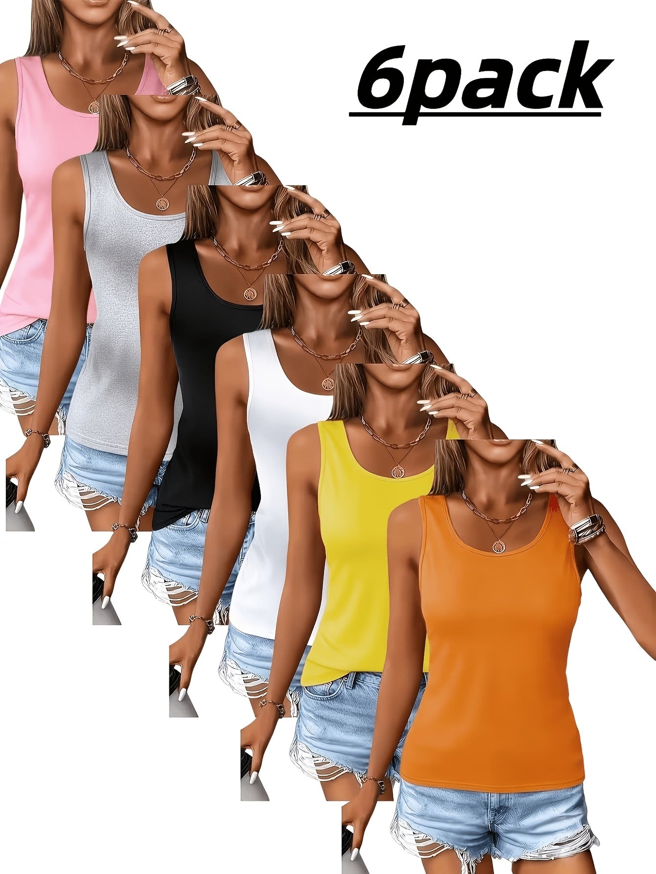 Women'S Vest 6pcs Set High Elastic Seamless Round Neck Shirt Summer Basic Style