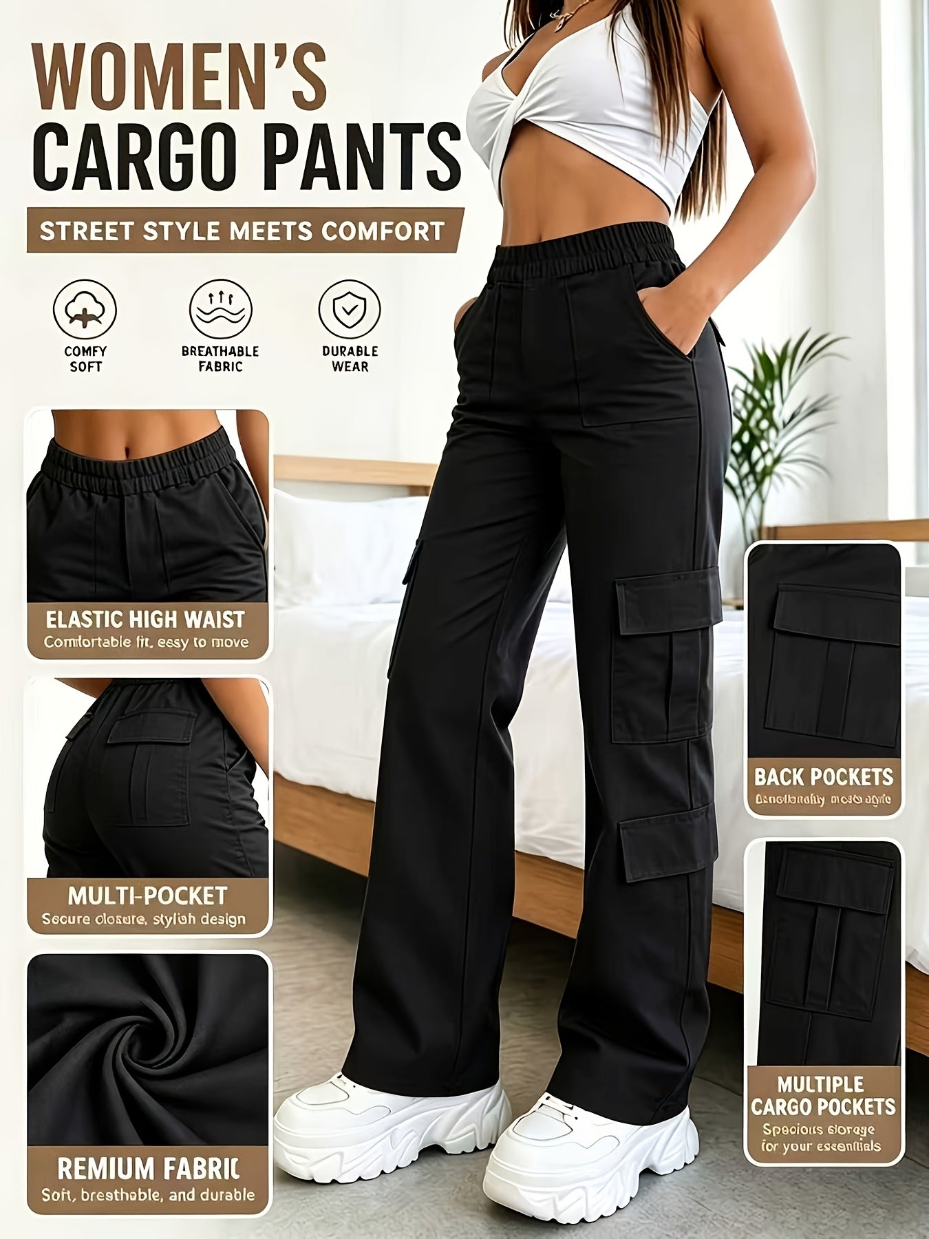 1 Pair Women'S High-Waisted Multi-Pocket Sporty Work Pants. Comfortable And Breathable. Suitable for Daily Outings, Shopping, Dating, Casual Wear, Weddings, Formal Events, And Graduation Ceremonies. The Perfect Choice for Gatherings with Friends