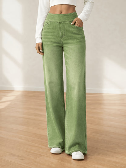 Women's Stretch Waistband Jeans High Waisted Slim Wide-Legged Jeans Loose Straight Leg Pants with Pockets Designed for All Seasons Versatile for Everyday And Formal Wear Machine Washable Women's Trendy Denim Pants for Office Wear Outdoor Jeans