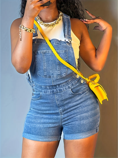 Women Solid Color Slim-fit Jeans Casual Button Trim Denim Romper Pockets Sleeveless Denim Romper