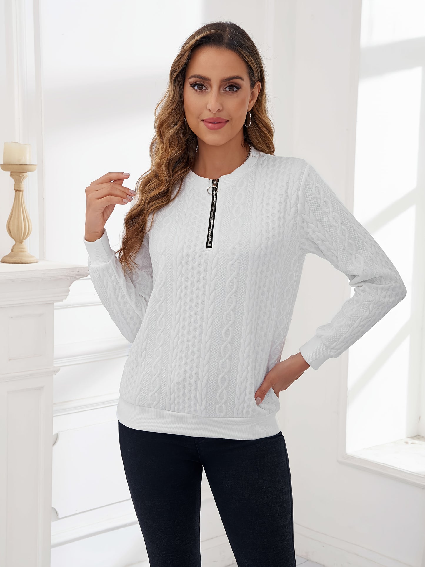 European And American Women's Fashionable Embossed Pullover Hoodie, Zipper Autumn And Winter Casual Long Sleeved Textured Top, Solid Color Long Sleeved Sportswear, Women's Clothing