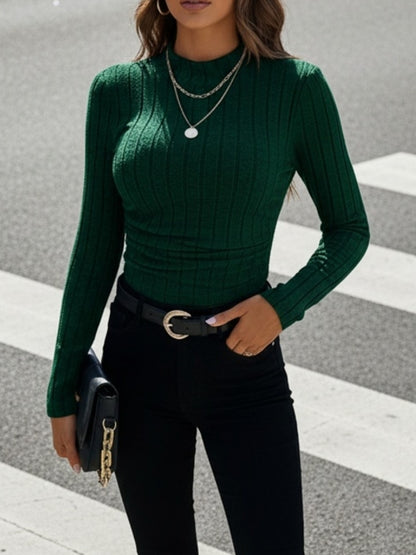 4 Elegant Slim Fit High Neck Long Sleeved T-Shirts for Women - Solid Color Ribbed Top, Machine Washable And Dry Cleanable, Suitable for Casual And Formal Wear All Year Round, Medium Elasticity