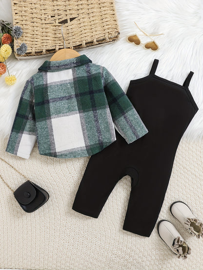 2pcs for Baby Girls Clothes And Toddlers In Autumn And Winter, Including A Green Two-tone Plaid Long-sleeve Coat And A Black Camisole Jumpsuit, Perfect for Outdoor