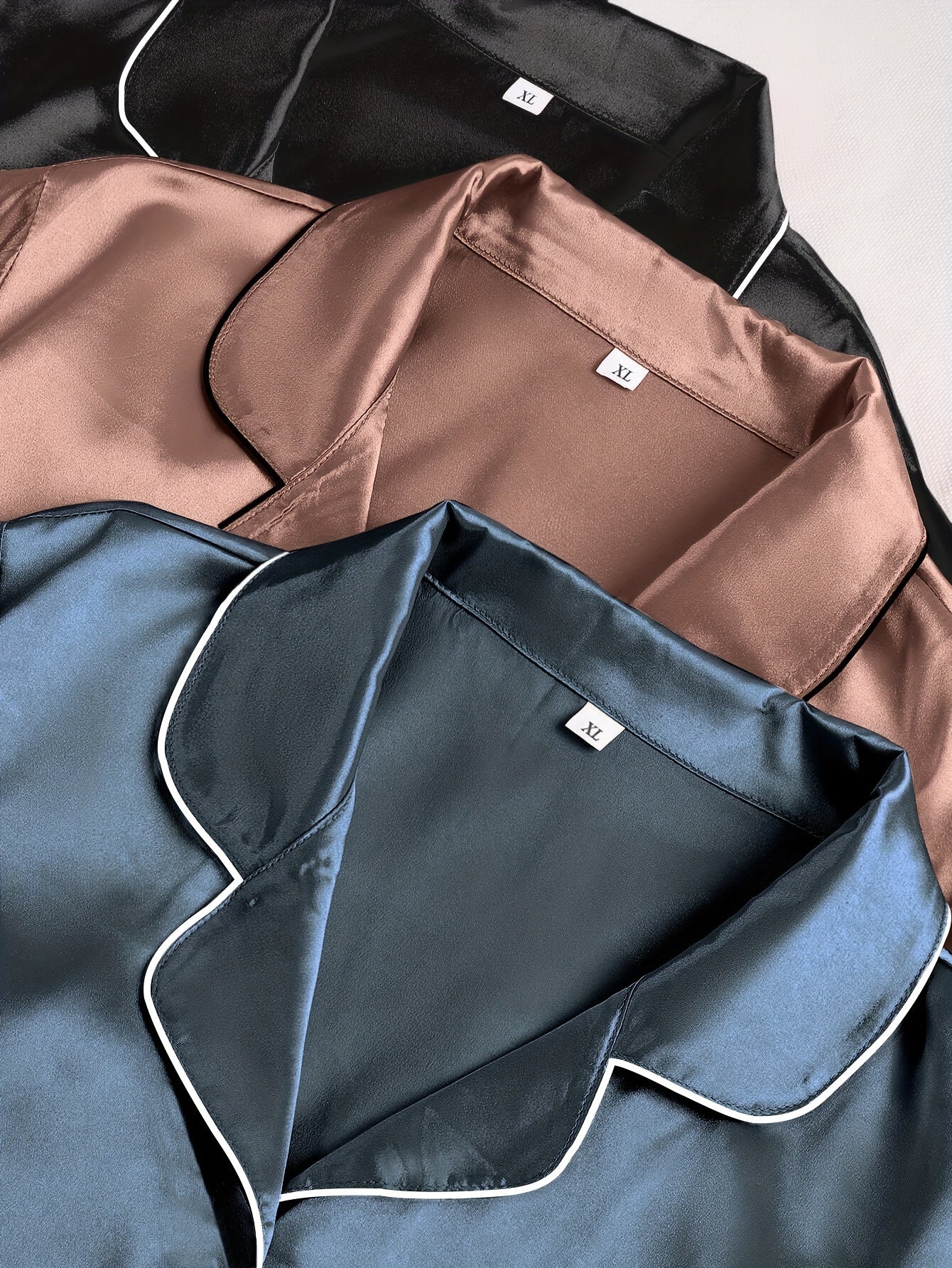 3pcs Women'S Satin Pajama Set - Casual Solid Color Long Sleeve Shirt & Elastic Waist Pants, Lapel Collar, Button Detail, Fall/Winter Sleepwear