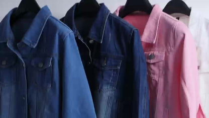 Ladies' Short Denim Jacket with a Slim Fit, Featuring 3/4 Sleeves And a Distressed Look
