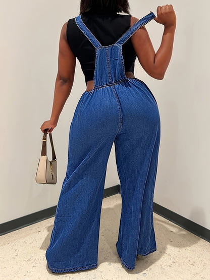 Women's Denim Overalls - Loose-Fit Sleeveless Casual Style With Side Pockets, Wide-Leg Jumpsuit Dungarees