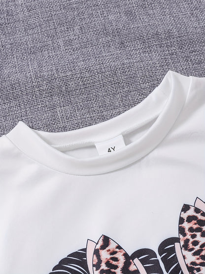 2pcs Girls' Spring/Summer Casual Set | White Short-Sleeve Top with Prints and Black Shorts, Knitted Fabric with Slight Stretch, Regular Fit, for Outdoor
