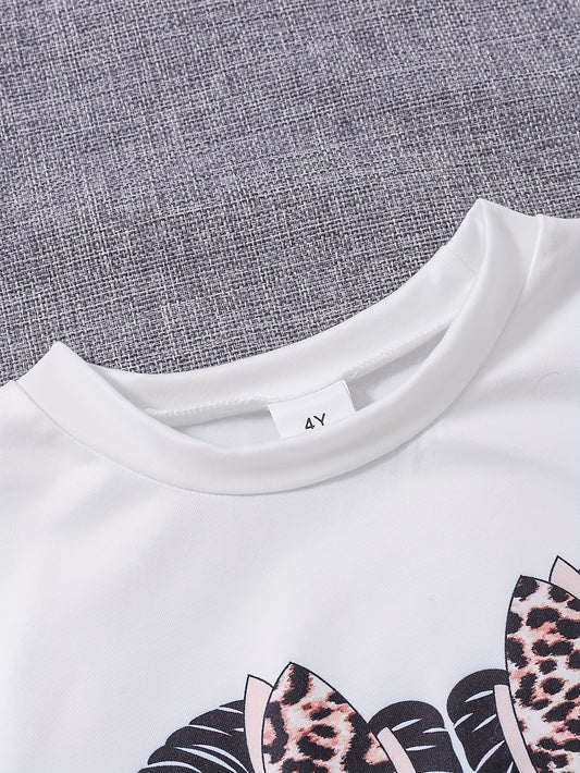 2pcs Girls' Spring/Summer Casual Set | White Short-Sleeve Top with Prints and Black Shorts, Knitted Fabric with Slight Stretch, Regular Fit, for Outdoor