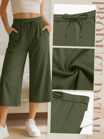 Plus Size, 3pcs Plus Size Women's Capri Pants, Wide Leg Basic Sweatpants Lounge Loose Fit Casual Drawstring Capris with Pockets