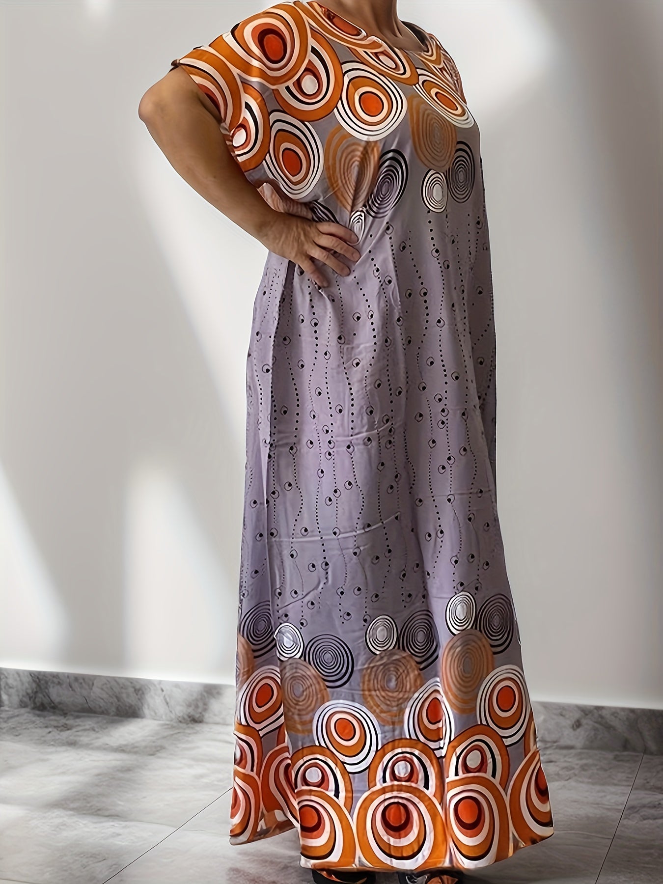 Geo Print Boat Neck Loose Dress, Elegant Batwing Sleeve Maxi Cover Up Dress, Women'S Clothing