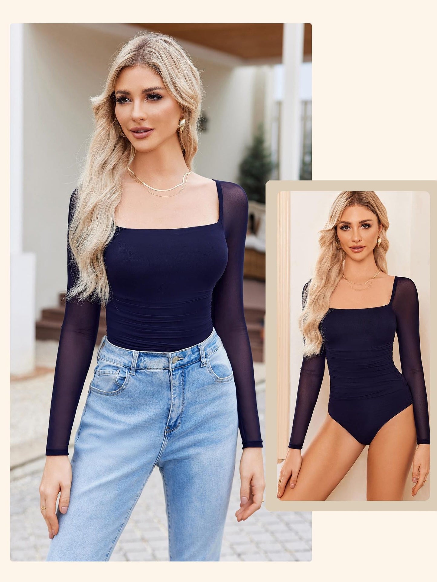 Women'S Square Neck Mesh Long Sleeve Bodysuit Shirts Ruched Body Suit Sexy Sheer Tops Date Night Outfit