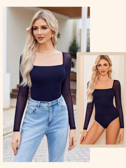 Women'S Square Neck Mesh Long Sleeve Bodysuit Shirts Ruched Body Suit Sexy Sheer Tops Date Night Outfit