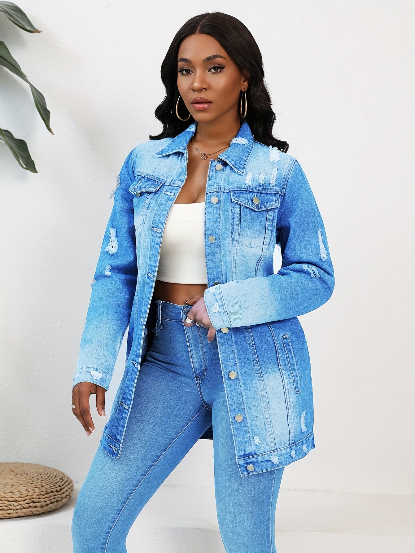 Women Fashion Solid Ripped Turn-down Collar Jean Jacket For Women Loose Casual Blue Fashionable Women Coats Female Outwear Denim Dark Blue Jacket For Women