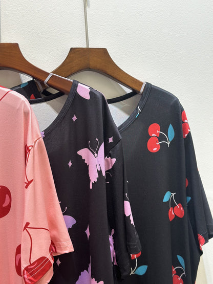 Set of 3 Plus-Size Nightgowns for Women Featuring a Casual Tie-Dye Print with Fruit And Cherry Designs in Shades of Pink