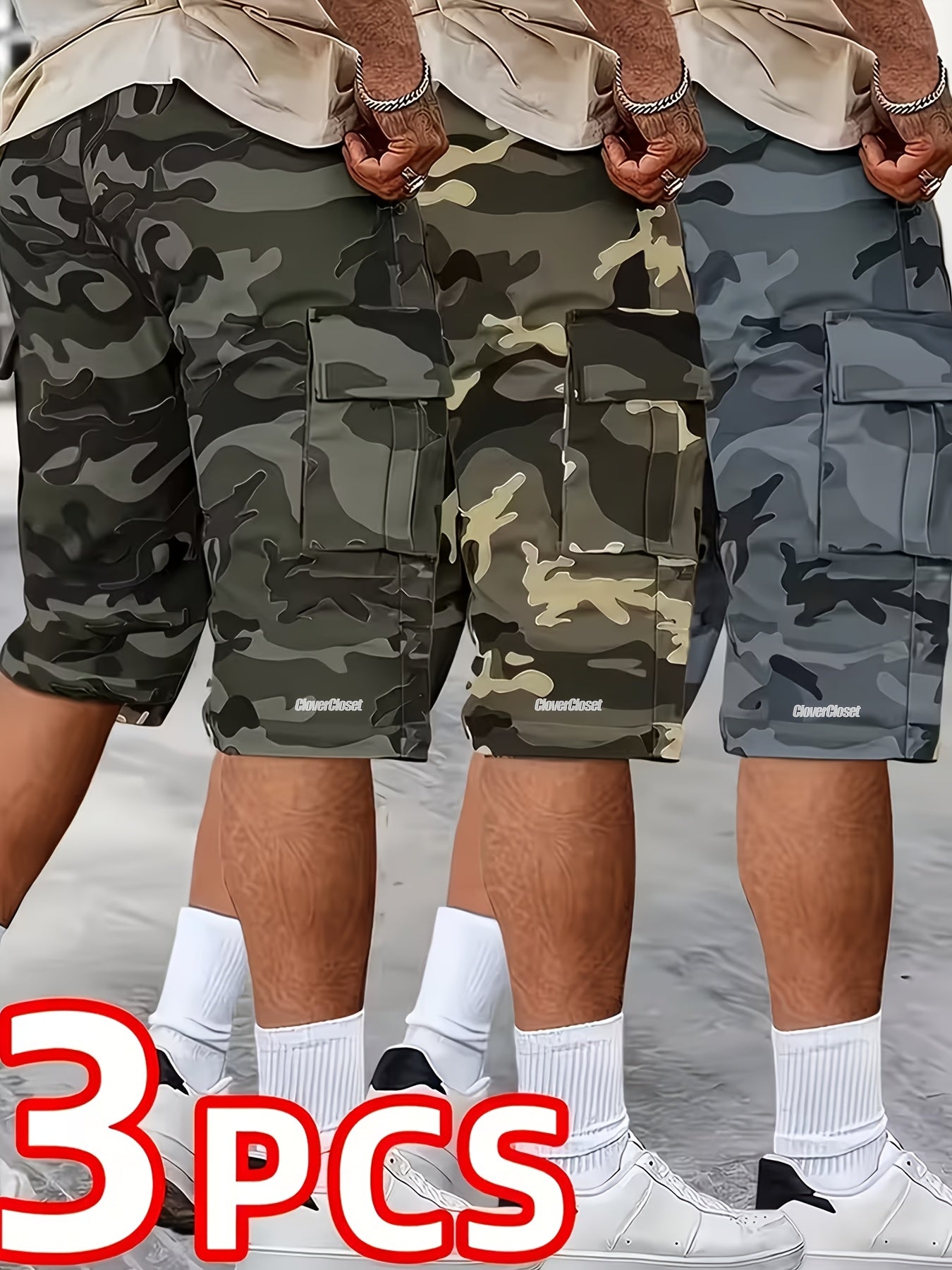 3pcs of Summer Camouflage Workwear Shorts, Fashionable Street Tactical Camouflage Casual Shorts, Loose Large Pocket Work Shorts, Can Be Used As Gifts