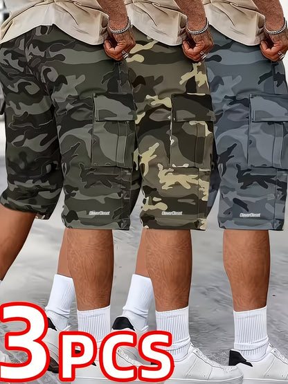 3pcs of Summer Camouflage Workwear Shorts, Fashionable Street Tactical Camouflage Casual Shorts, Loose Large Pocket Work Shorts, Can Be Used As Gifts