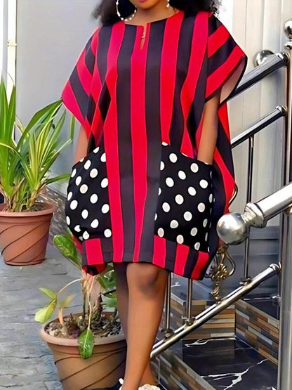 Fashion Striped Large Size Double Pocket Design Bat Sleeves Large Size Dress
