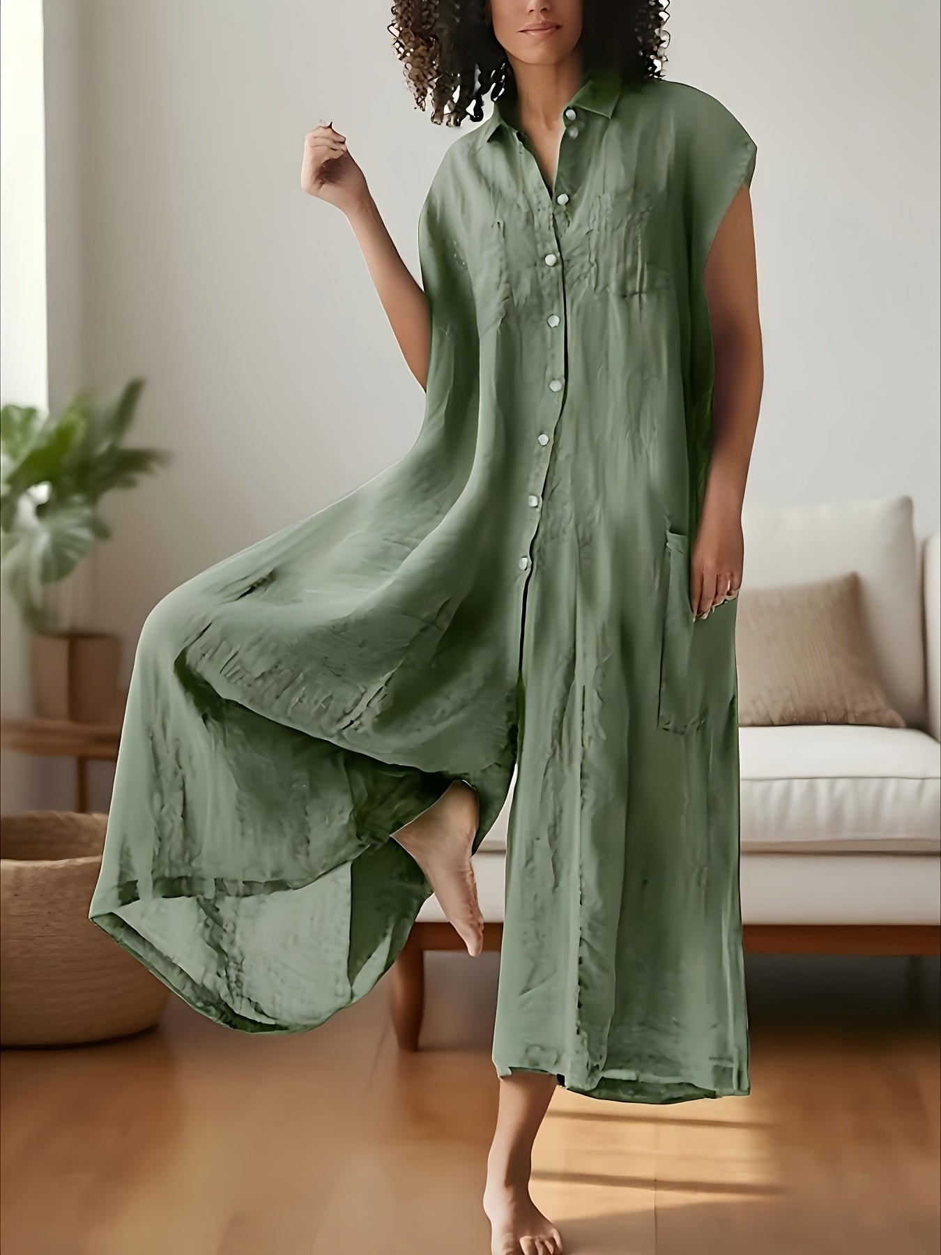 Women's Green V-Neck Pleated Jumpsuit - product view 8