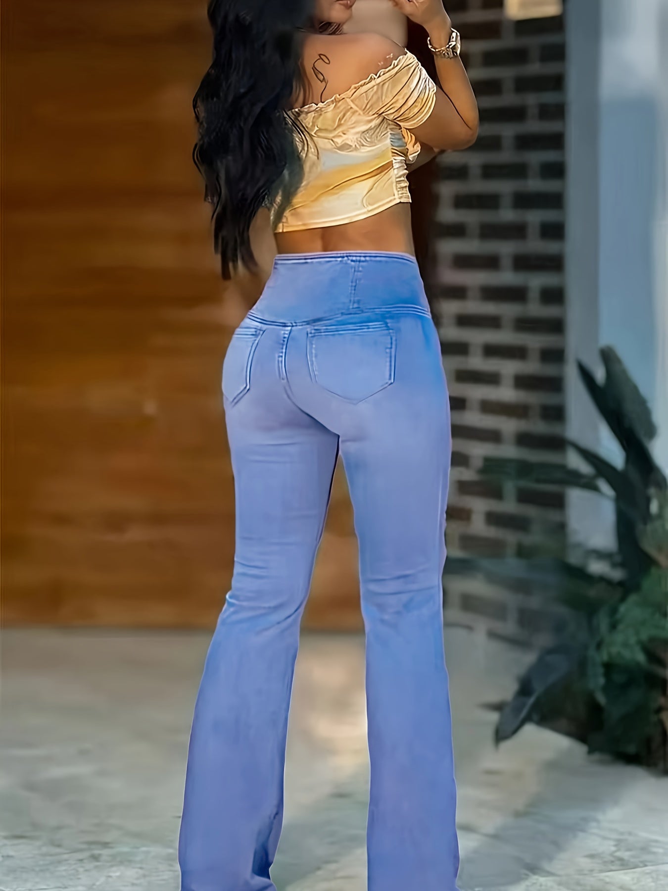 Women's High-Waisted Stretch Jeans - Wide-Leg Bell-Bottom Flared Pants with Cross-Waist , -Like Rayon//Spandex (75/23/2%), All-Season Casual to Dressy Wear, Wrinkle-Resistant Trousers