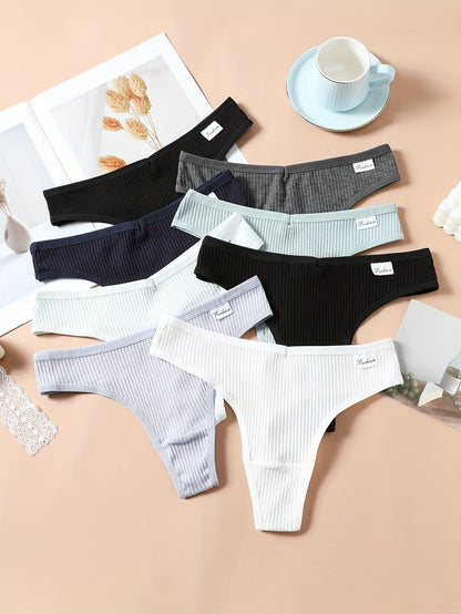 8pcs Solid Ribbed Label Patched Thongs, Sexy Comfy Breathable Stretchy Intimates Panties, Women'S Lingerie & Underwear