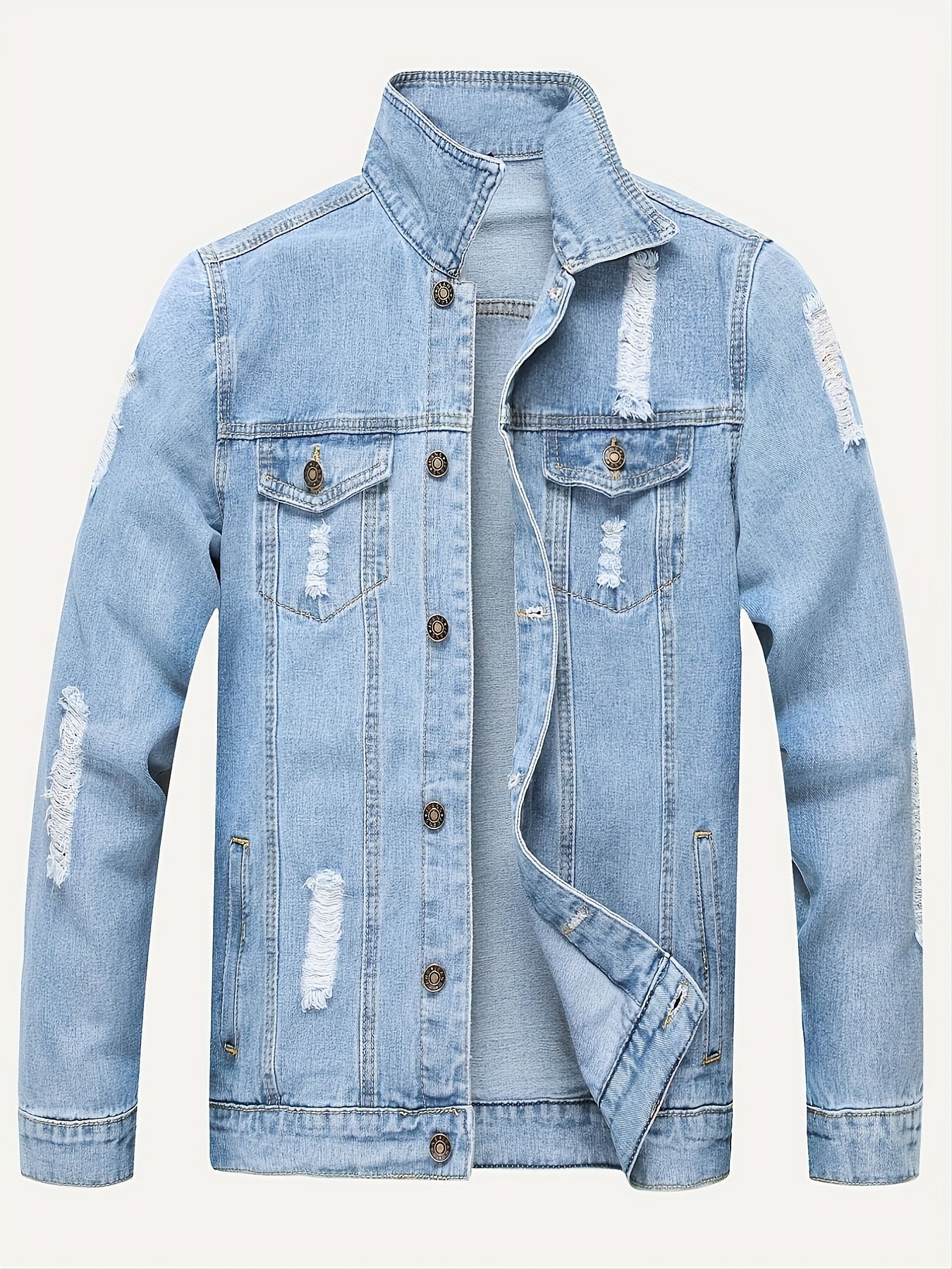 Chic Ripped Denim Jacket, Men's Casual Multi Pocket Street Style Denim Jacket